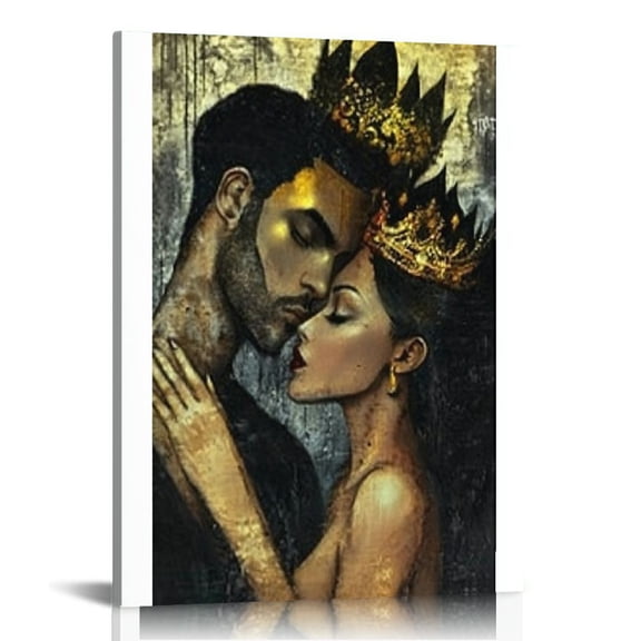 Acheng African American Wall Art-Black King and Queen Canvas Wall Art, Crown Black Couple Portrait Painting Gift for Bedroom Decor, King & Queen Love Artwork Framed for Home Wall Decor 12x16 in