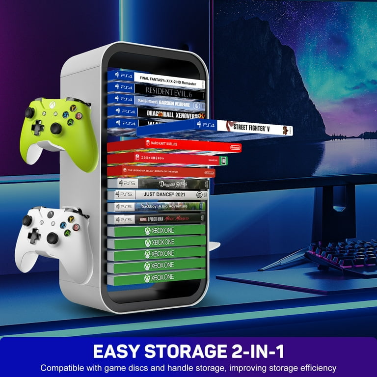 Game Storage Tower Universal Video Game Storage 18 Games Storage Stand with 4 Controllers Holder Game Holder Rack for PS4 PS5 Xbox One Xbox Series