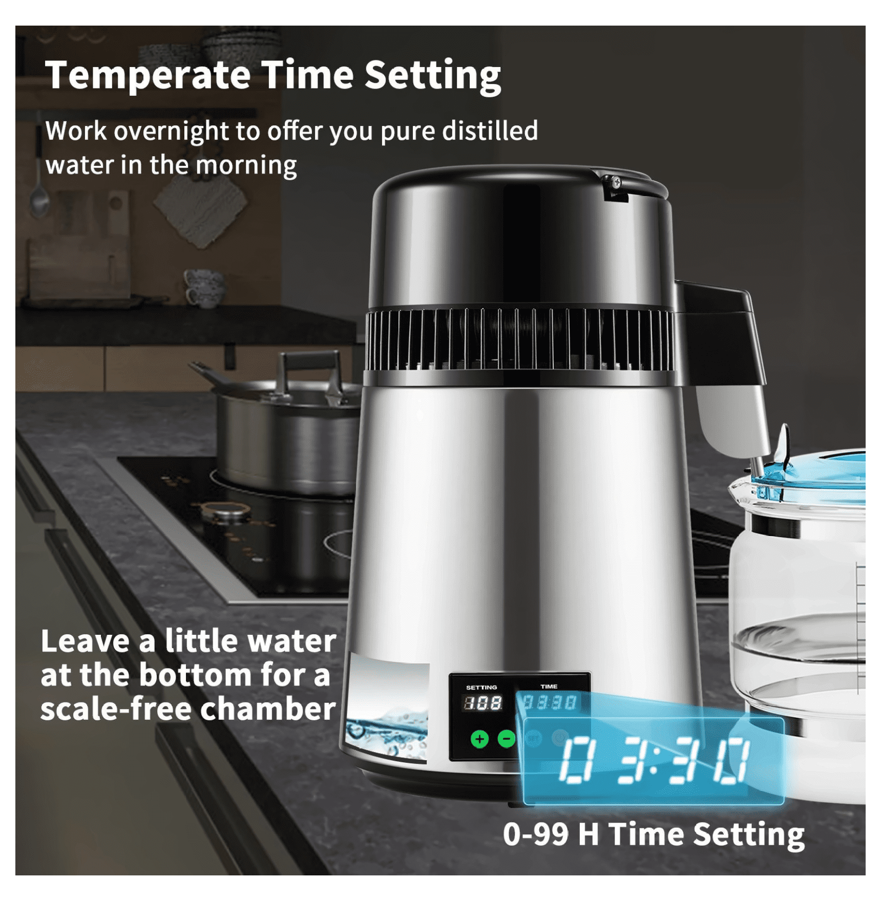 1.1 Gal Water Distiller, 750W Distilled Water Machine, 0.3 Gal/H, Temp Control, Stainless Steel, Glass Carafe, with Cleaning Powder & Carbon Filters