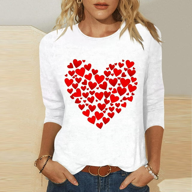 RKSTN Women's Valentines T Shirts Oversized Crewneck Valentine's Day Graphic Printed 3/4 Length Sleeve Shirt Tops Womens Casual Round Neck Loose Comfy Loves Heart Print Three Quarter Sleeve Shirts