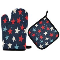 Yayeee Oven Mitts and Pot Holder Set of 2 Heat Resistant Kitchen Gloves Baking Hot Pad, Red White Stars