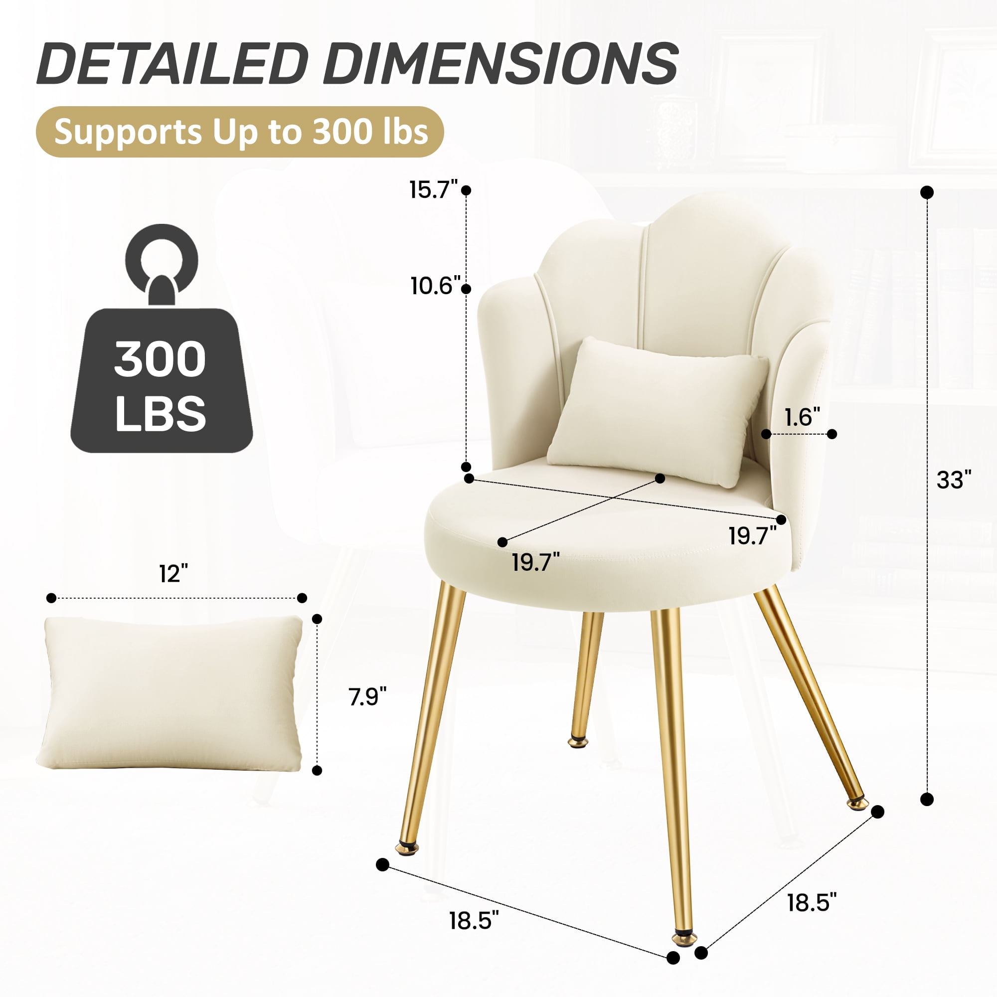 COOLHUT Petal Velvet Vanity Chair, Flower Cute Girls Mack Up Vanity Stool Chair with Lumber Pillow and Adustable Gold Legs, Upholstered Small Desk Chair for Living Room Bedroom Home Office, Beige