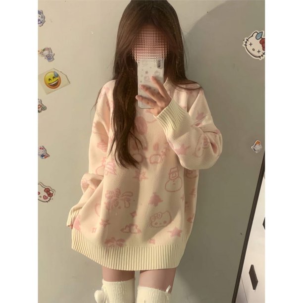 Suéter de cuello redondo de otoño e invierno con dibujos de Hello Kitty, suéter holgado suave y ceroso para mujer, estilo holgado, suéter pequeño de otoño e invierno