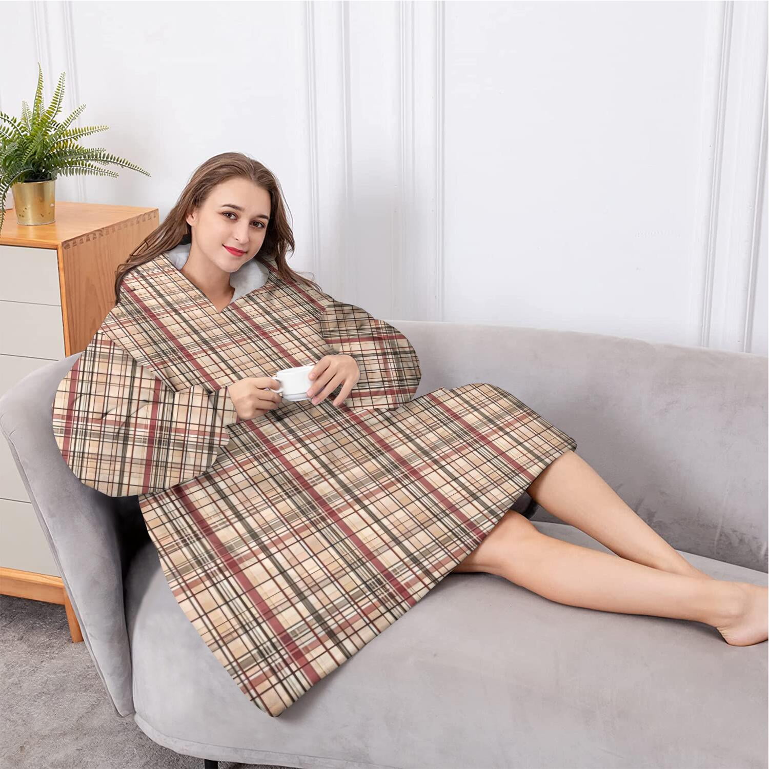 Oversized Wearable Blanket Hoodie,Beige Brown and Red Checkered Pattern Sherpa Blanket Hoodie with Super Pockets,Super Warm Fuzzy Pullover for Women & Men