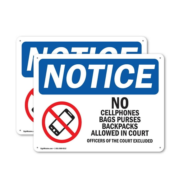 (2 Pack) No Cell Phones Bags Purses In Court OSHA Notice Sign 18 Inch X 12 Inch Plastic Sign, Weather Resistant, UV Protected for Workplace, Business, and Construction Site, Made in the
