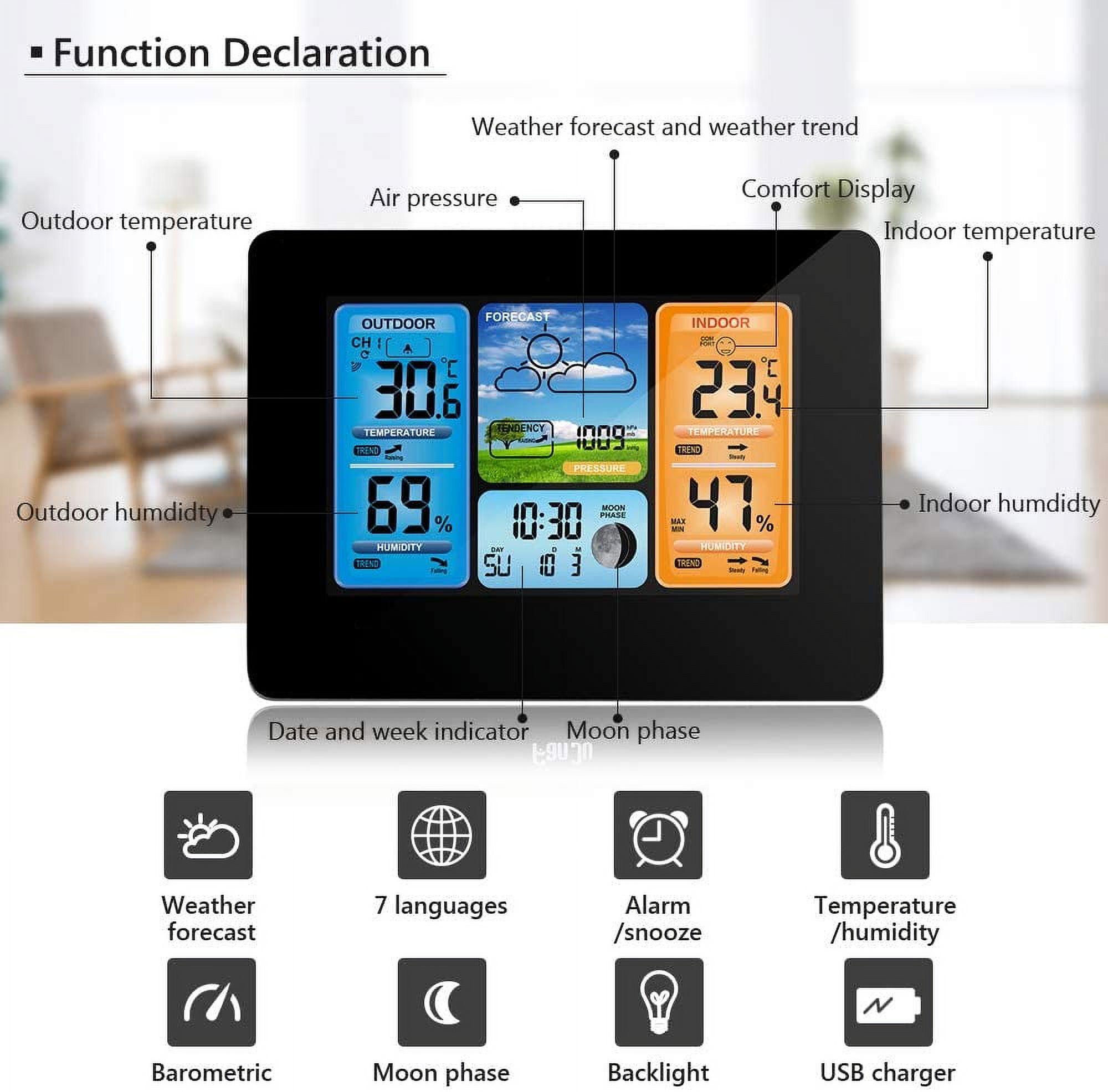 Weather Station With Outdoor Sensor, Thermometer, Hygrometer, Indoor And Outdoor Radio Weather Station °C/°F, Date, Weekend, Moon Phases