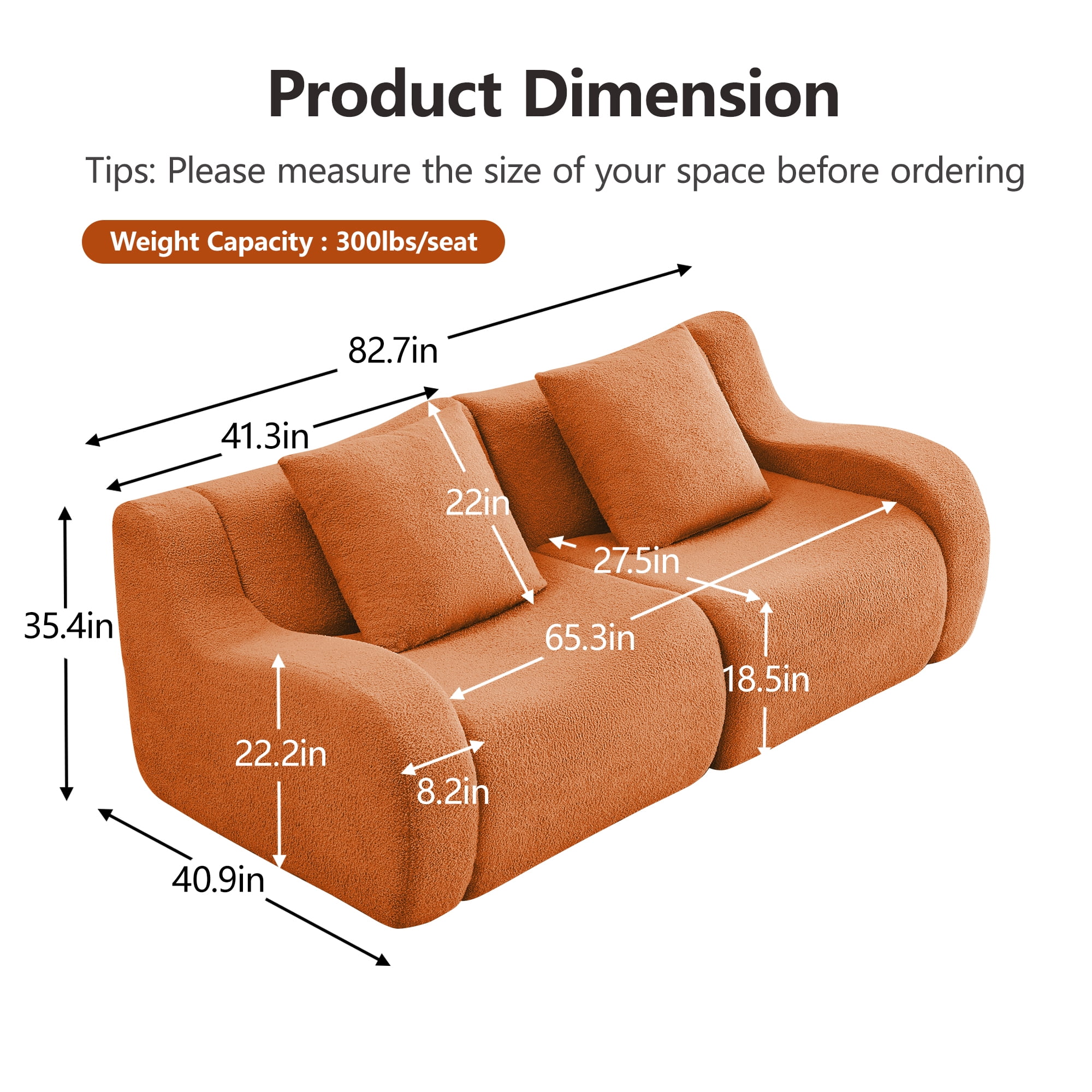 Aukfa 83" Boneless 2-Seater Modular Loveseat Sectional Sofa, 27.5" Deep Seat, Teddy, Orange