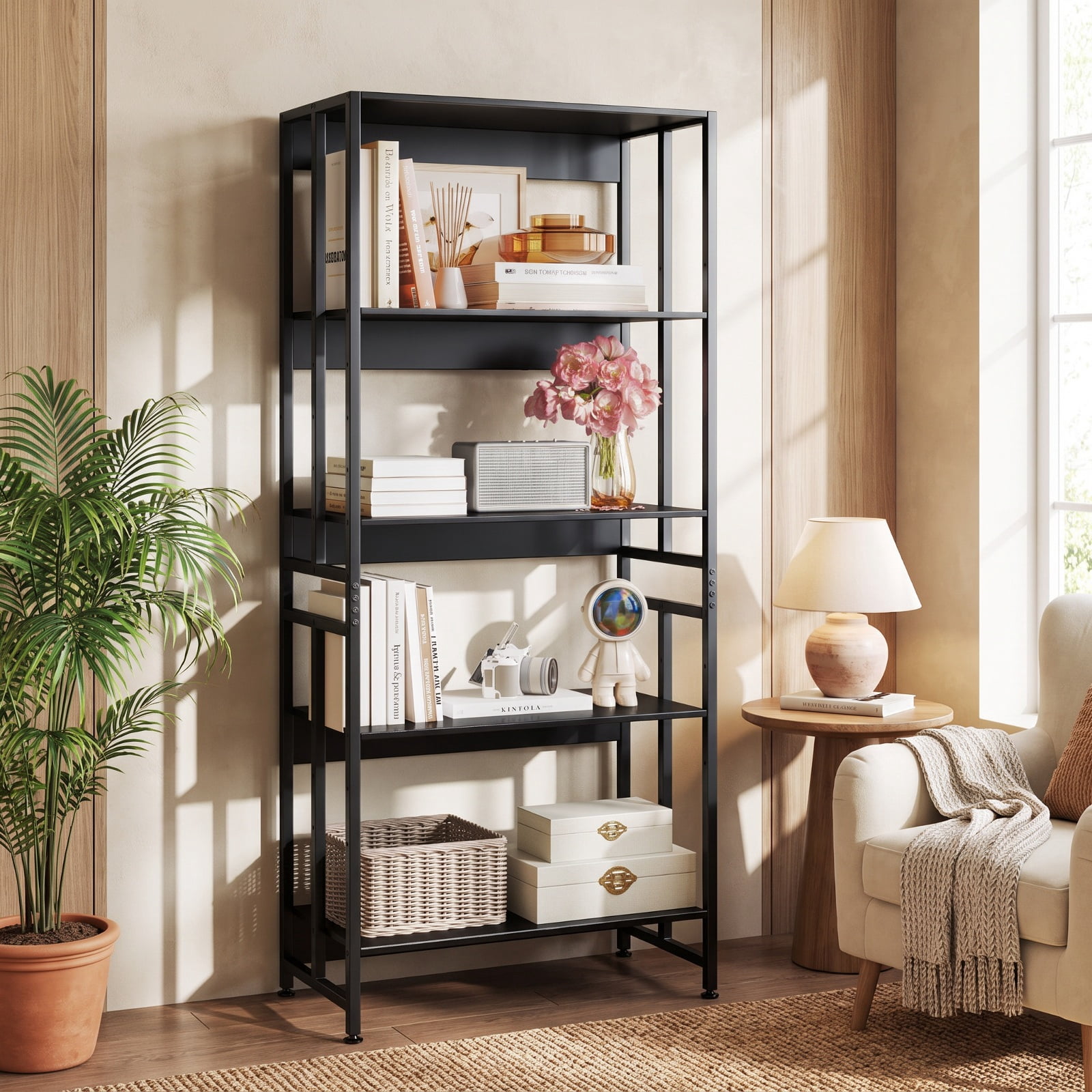 Furnibear 5-Tier Bookshelf with Adjustable and Tiltable Shelves for Living Room Home Office Bedroom Display Storage Shelf, Black
