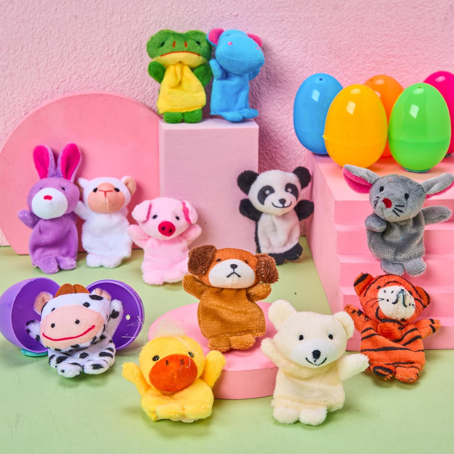 12 Prefilled Easter Eggs with Finger Puppet Toys, Plastic Easter Basket Stuffers for Toddlers and Babies, Easter Party Favors