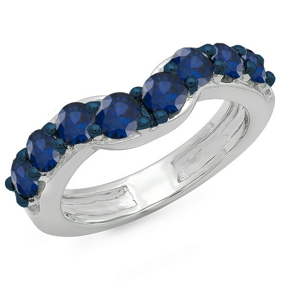 1.00 Carat (ctw) 10K White Gold Round Blue Sapphire Ladies Anniversary Wedding Band Matching Ring 1 CT