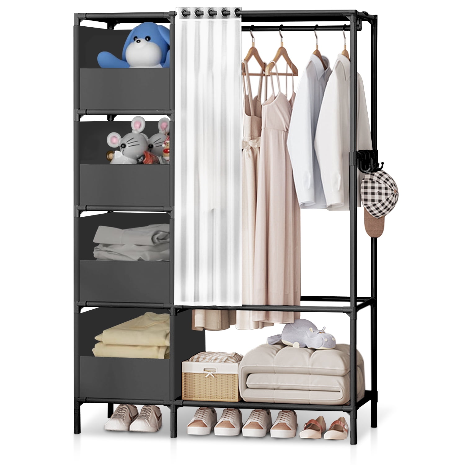 Portable Closet, Brochao Portable Wardrobe with 4 Storage Closet, Clothes Storage Cabinet with Curtain, for Living Room, Bedroom, Clothes Room, Black