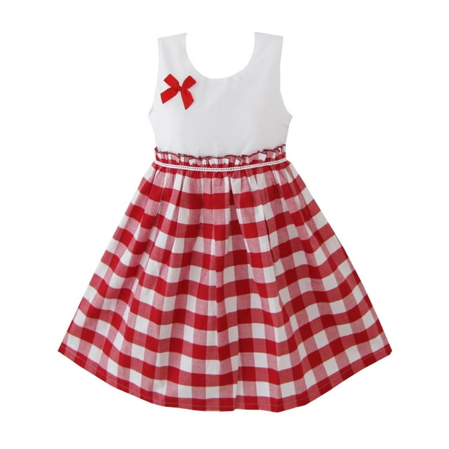 Robe Fille Rouge Tartan Robe d'Été Vêtements Enfants Nouveau 6-6 Ans