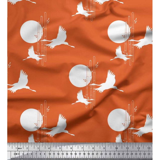 Soimoi Silk Fabric Bamboo Tree,Moon & Stork Bird Print Fabric by The Yard 42 Inch Wide