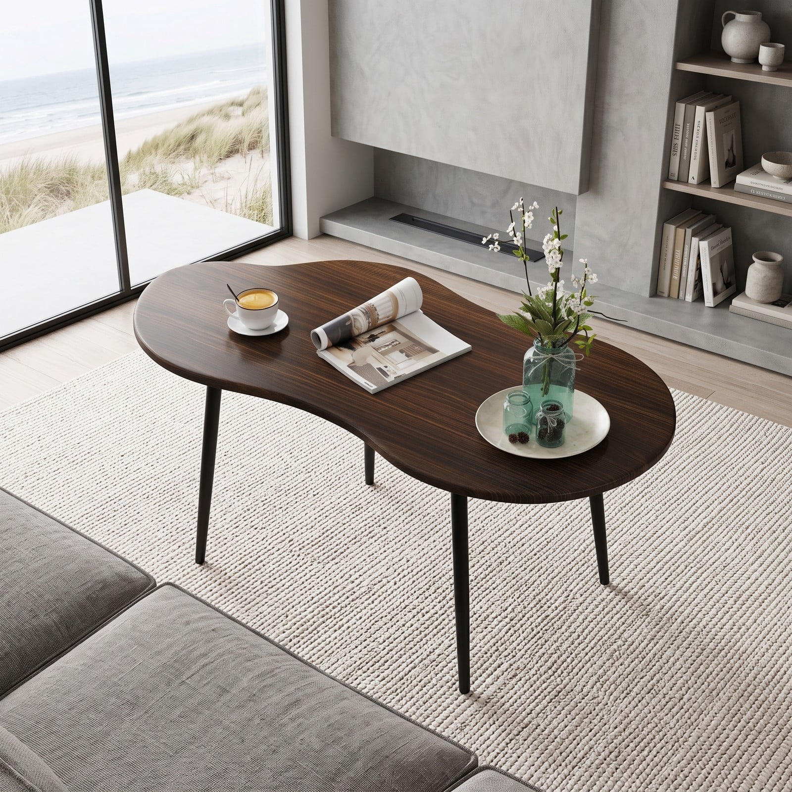 Furnibear Cloud Shape Coffee Table, 39.5 Inch Irregular Free Form Center Table with Heavy-Duty Metal Frame, Wide Wood Tabletop Accent Sofa Side Table for, Walnut