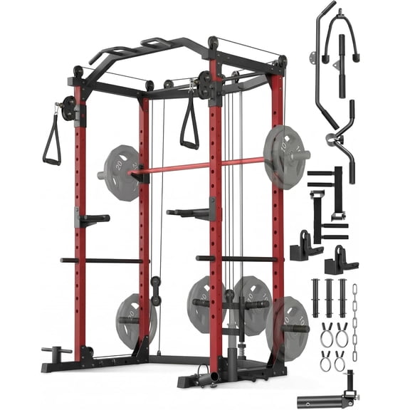 Memoryfield Power Cage with Cable Crossover System, 1600 Lbs Carbon Steel Power Rack Home Gym with LAT Pulldown, J-Hooks, Dip Handles & Landmine Attachment