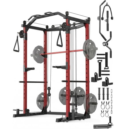 Memoryfield Power Cage with Cable Crossover System, 1600 Lbs Carbon Steel Power Rack Home Gym with LAT Pulldown, J-Hooks, Dip Handles & Landmine Attachment