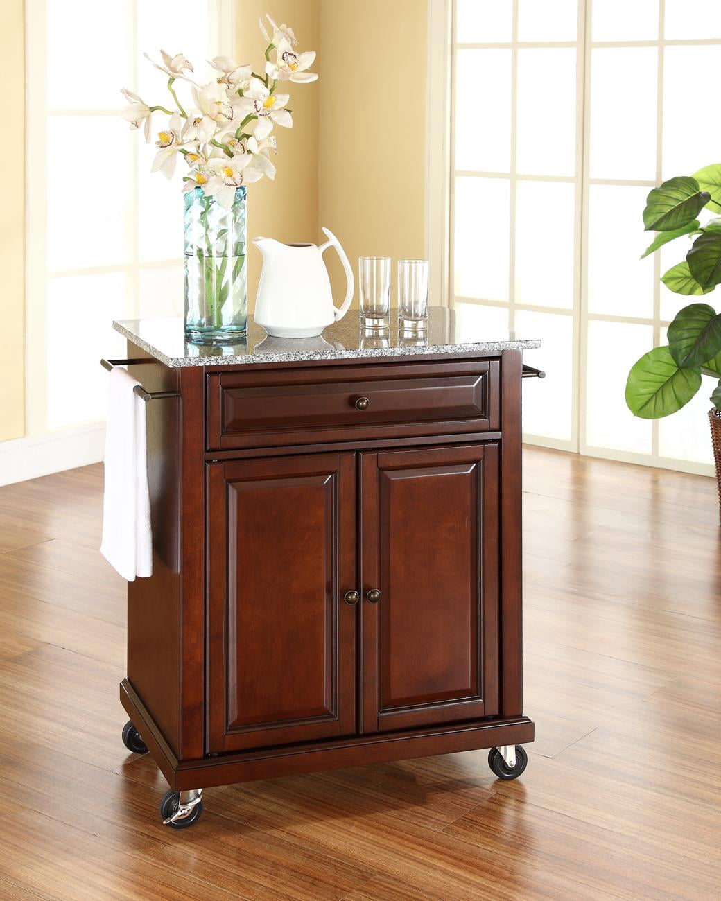 Crosley Furniture Wood Portable Kitchen Cart in Mahogany/Gray
