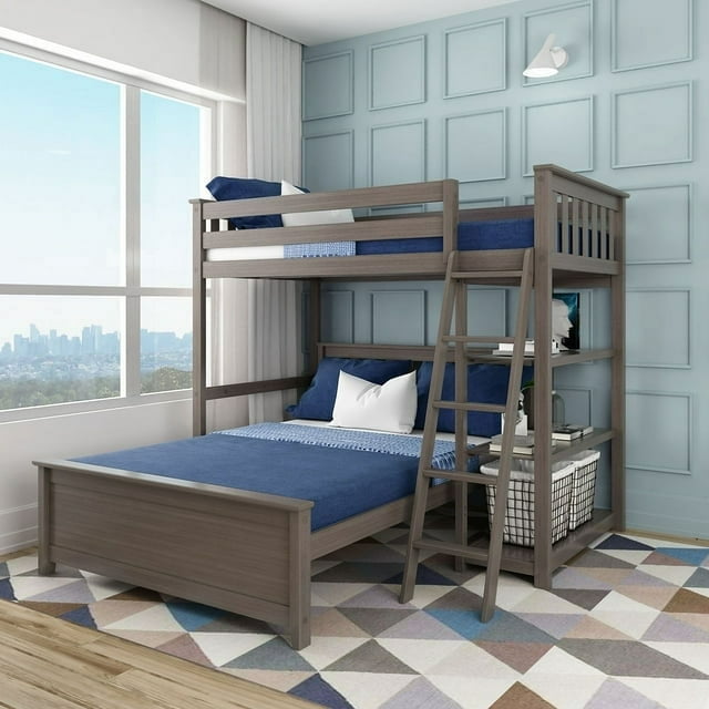 Max & Lily Wooden L-Shaped Twin over Full Bunk Bed with Bookcase for Kids, Clay