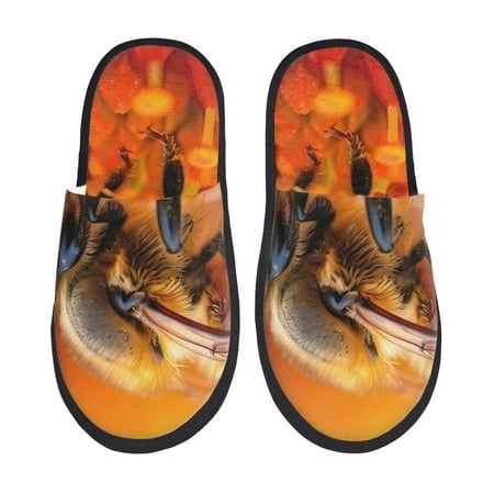Balery Honeybee On Vibrant Flower Slient Indoor Furry Fleece Comfort House Shoes Soft Non-Slip Home Shoes Cotton slippers House Slippers-- Large