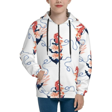 

Hoodies for Teen Girls Boys anchor hibiscus ropes sea horse Long Sleeve Youth Kids Essentials Zip Up Hoodie Lghtweight Fashion Hoodies & Sweatshirts Jacket Fall Winter Outfits Tops