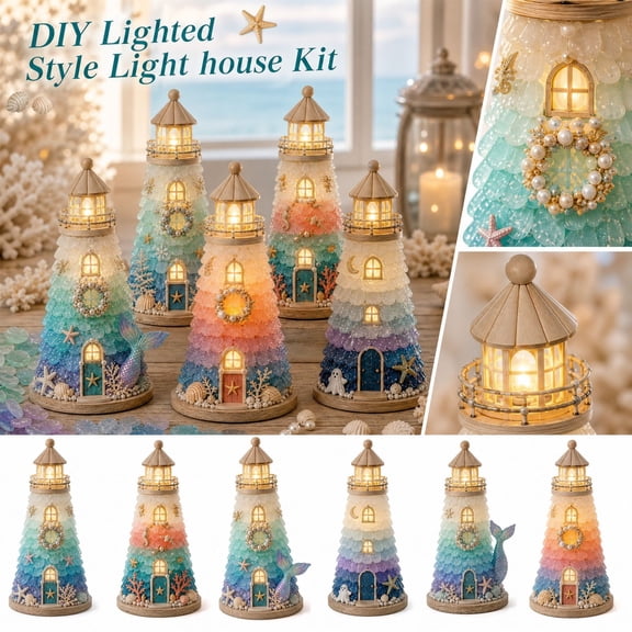 Beginner-Friendly DIY Lighted Sea Glass-Style Kit, Coastal Craft Set with LED Lights, Decorative Pieces, Adhesive, Wood Base, Tools & Instructions