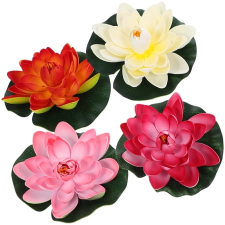LITINKIMI 4Pcs Artificial Lotus Flower Floating Pond Decor in Assorted Colors with Eva Material