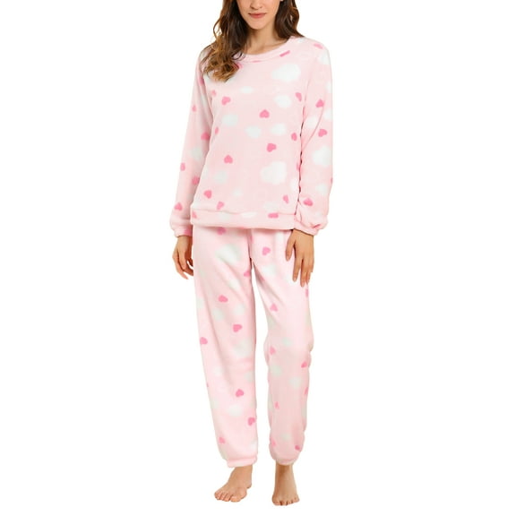 INSPIRE CHIC Women's Winter Flannel Pajama Sets Long Sleeve Loungewear M Heart Printed Pink