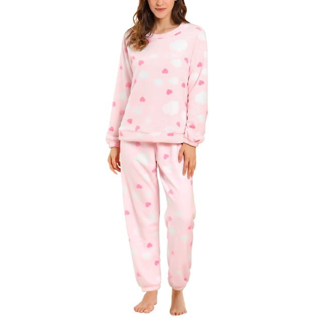 Conjuntos de pijama de franela de invierno para mujeres INSPIRE CHIC, loungewear de manga larga, estampado de corazones, color rosa, talla S