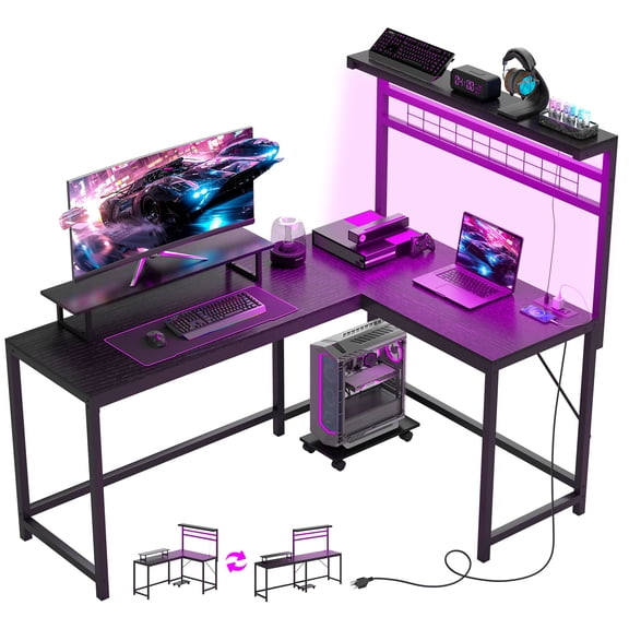 Homiyad 61.6" L Shaped Gaming Desk with Power Outlets & LED Lights, Computer Desk with Monitor Stand and CPU Shelf, Black