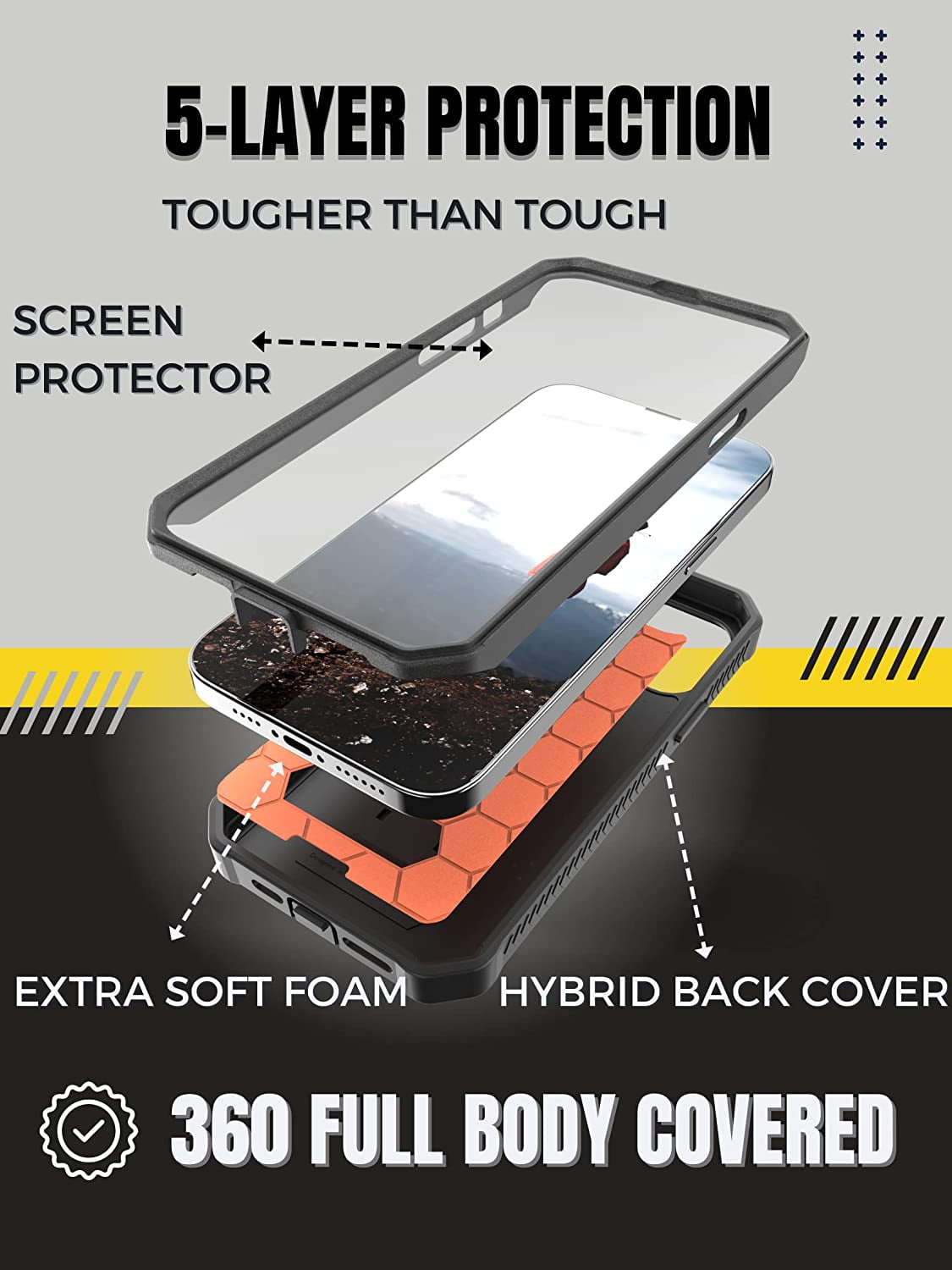 CaseBorne V Series Case Compatible with iPhone 14 Plus - Military Grade Full-Body Rugged with Kickstand and Built-in Screen Protector - Black