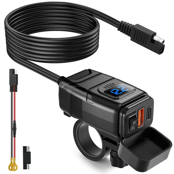 Ouspow 6.8A Motorcycle USB Charger, 12V Motor Voltmeter QC 3.0 Fast Charging USB C & USB A Motorcycle Phone Charger Waterproof Quick Disconnect SAE to USB Adapter for Phone, Tablet, GPS