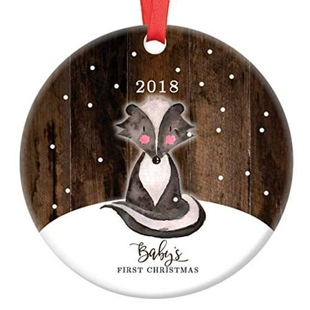 Baby's First Christmas Ornament 2019, Baby Skunk Woodland Animal Porcelain Ceramic Ornament, 3