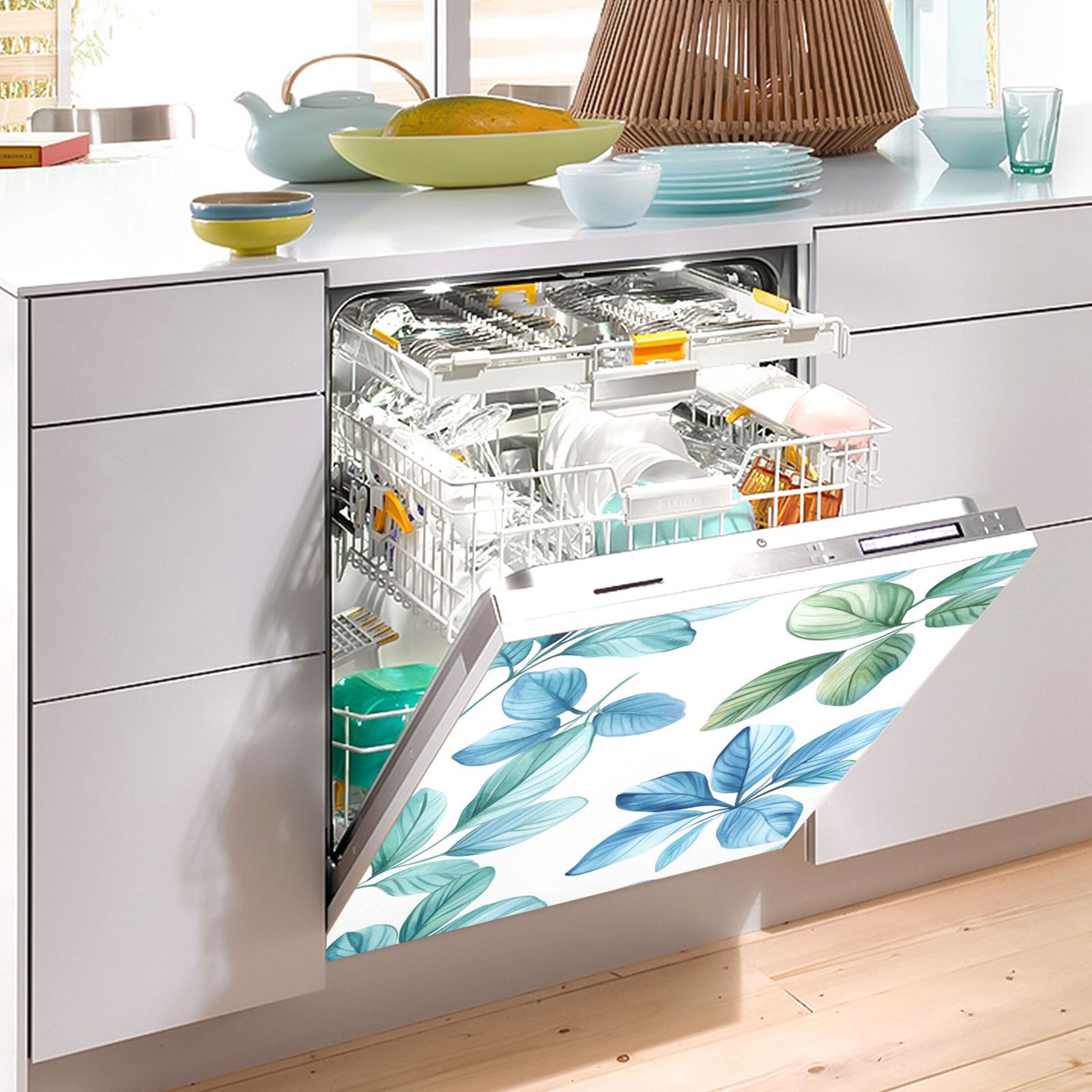 Dishwasher Magnetic Sticker 23x26 Inch Refrigerator Magnetic Sticker Washing Machine Magnetic Sticker Kitchen Panel Magnetic Sticker Home Decor Colorful Blue Leaf