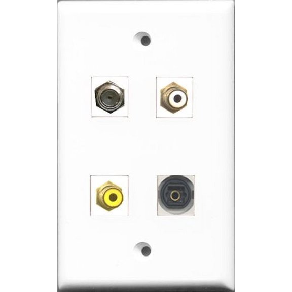 RiteAV 1 Port RCA White and 1 Port RCA Yellow and 1 Port Coax Cable TV- F-Type and 1 Port Toslink Wall Plate