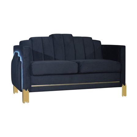 Theo Loveseat, Black Velvet, Blue LED Lights, Gold Metal Legs, 59 Inch