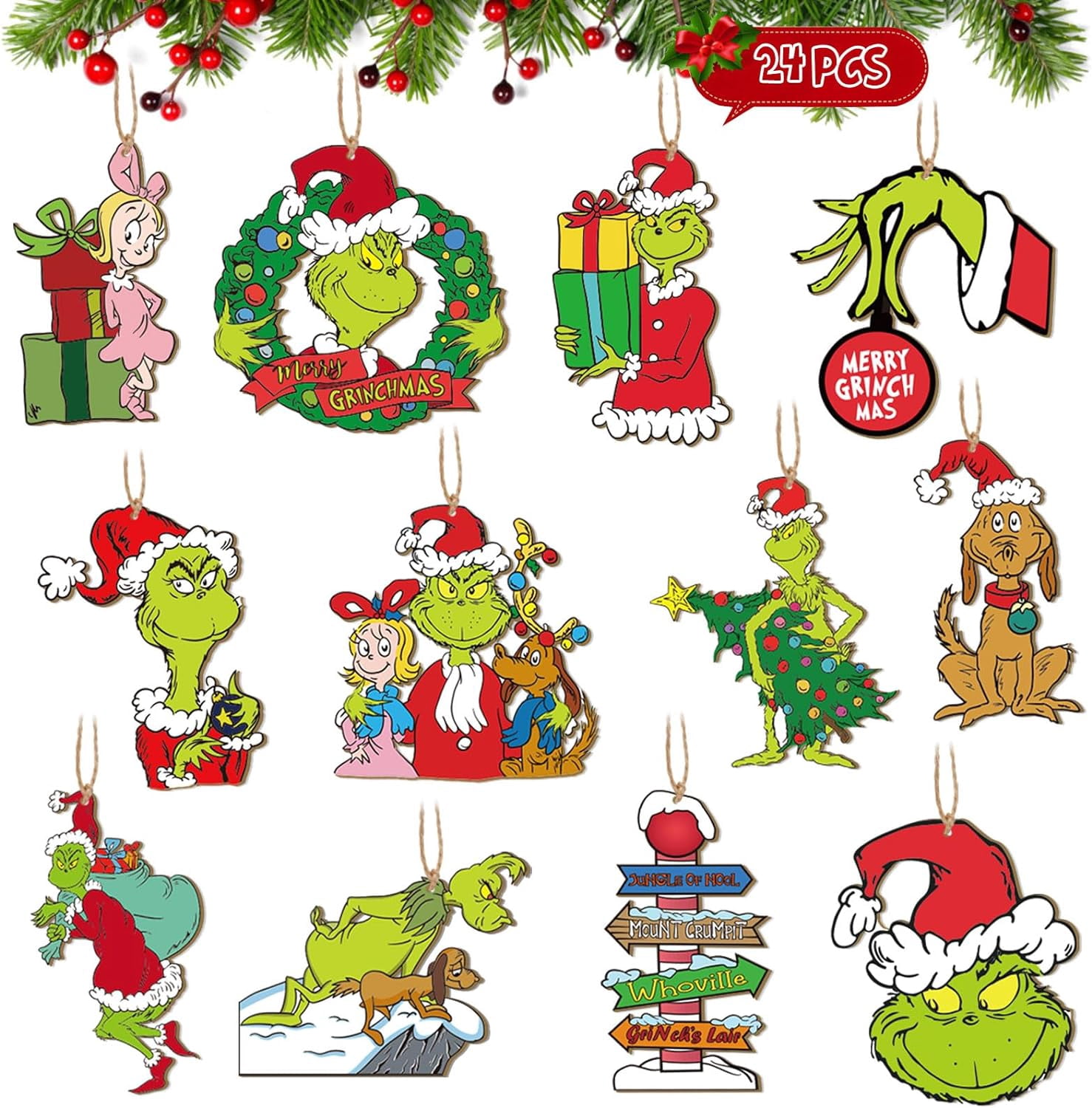 24pcs Christmas Wooden Hanging Ornaments, Wood Ornaments for Christmas Tree, Tree Decor Whoville Christmas Decoration