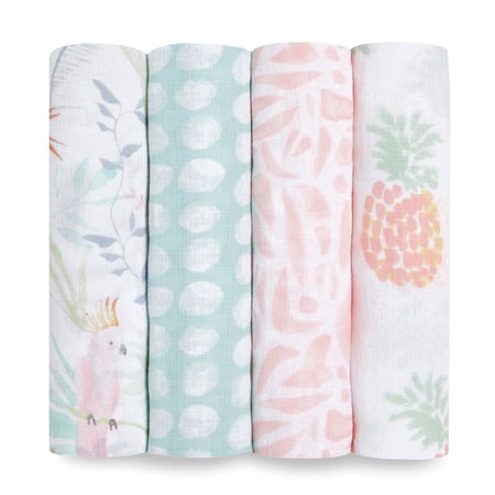 aden + anais Essentials, Cotton Muslin Swaddle Blanket, Tropicalia, Girls, Infants, 4-Pack