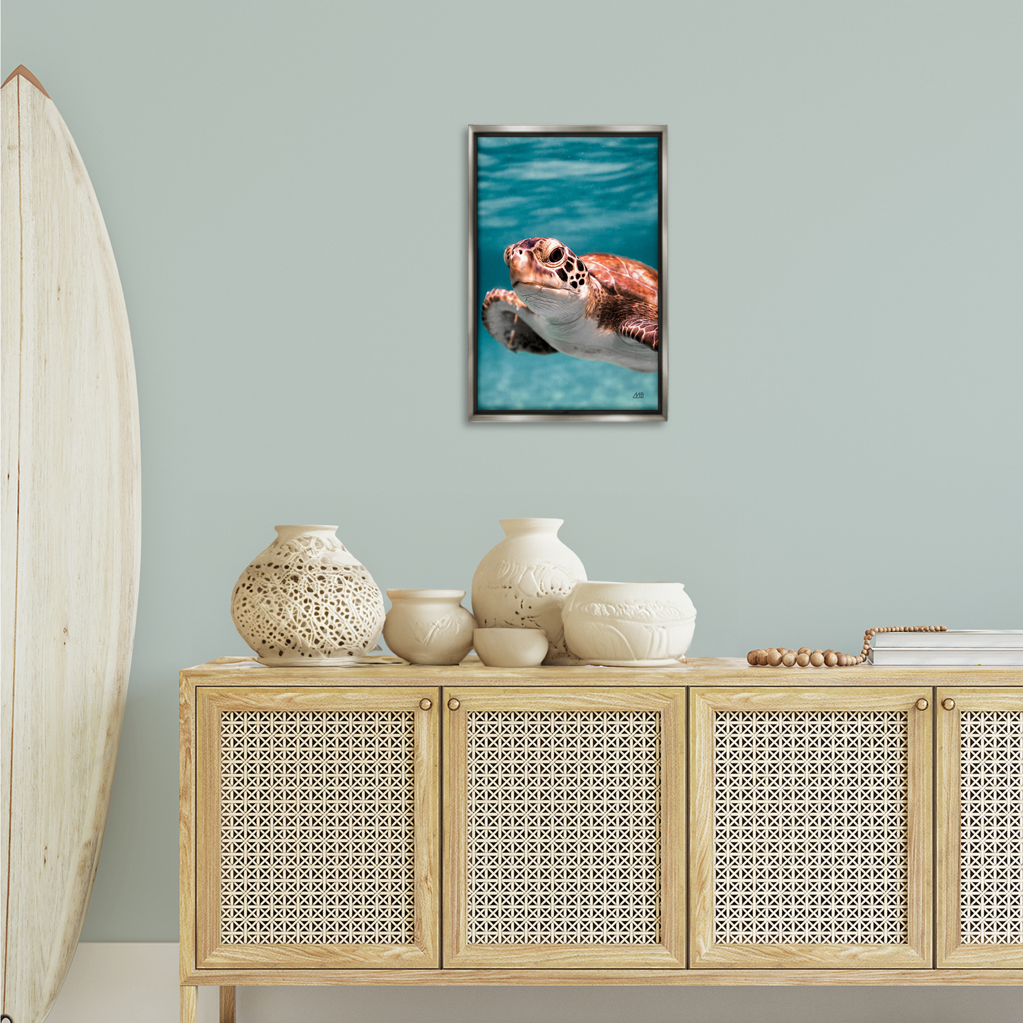 Stupell Industries Underwater Sea Turtle Swim Animals Photography Gray Floater Framed Canvas Art Print Wall Art, 17 x 25
