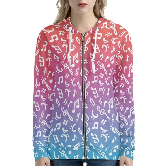 Renewold Cool Colorful Notes Zippered Hoodie Tops Women Casual Drawstring Long Sleeve Outerwear with Pockets Novelty Halloween Hooded Zipper Sweatshirt Jacket Size XS