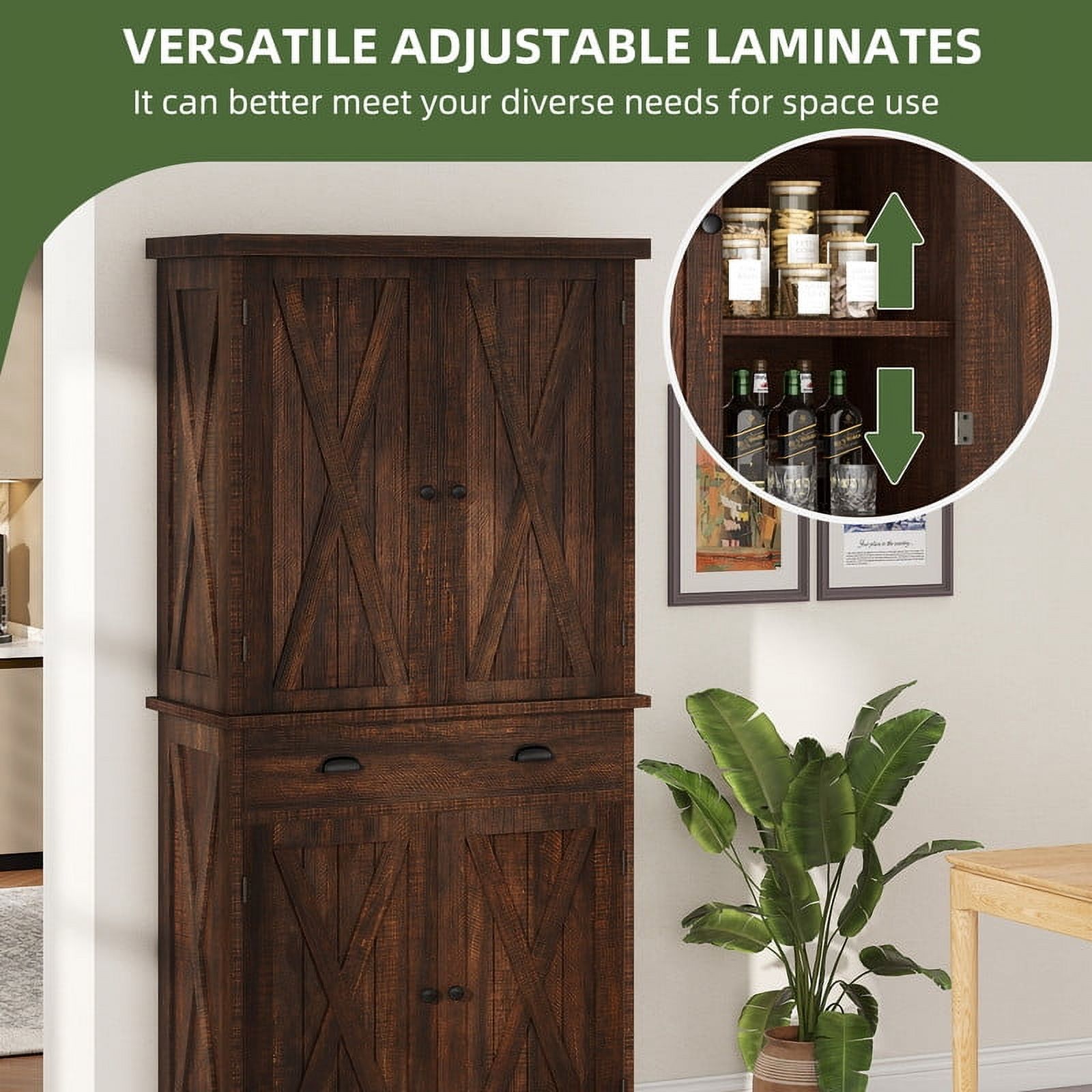 Uforic 71" Tall Farmhouse Kitchen Pantry Cabinet with Drawer and Adjustable Shelves, Brown Oak