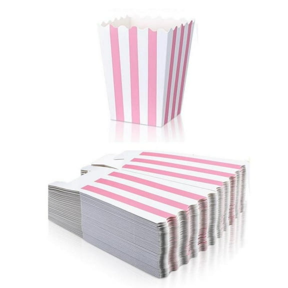 Pink And White Striped 48pcs Paper Popcorn Boxes - Pastel Candy Cardboard Buckets For Theater Carnival Birthday Party Favor Bags Disposable Traditional