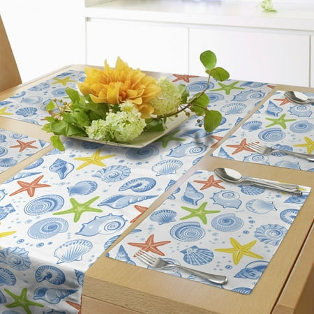

Nautical Table Runner & Placemats Marine Themed Starfish Mollusk Coral Reef Shells Oyster Underwater Design Set for Dining Table Decor Placemat 4 pcs + Runner 16 x90 Blue and Yellow by Ambesonne