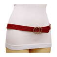 thumbnail image 3 of Women Red Faux Patent Leather Skinny Fashion Belt Gold Metal Circles Buckle S M, 3 of 9