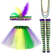 Husfou 4 Pieces Mardi Gras Costume Accessory Set, Tutu Skirt, Knee Socks, Faux Feather Headband and Beads Necklaces