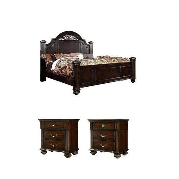 Home Square Set of 3 Queen Panel Bed and 2 Nightstands in Dark Walnut