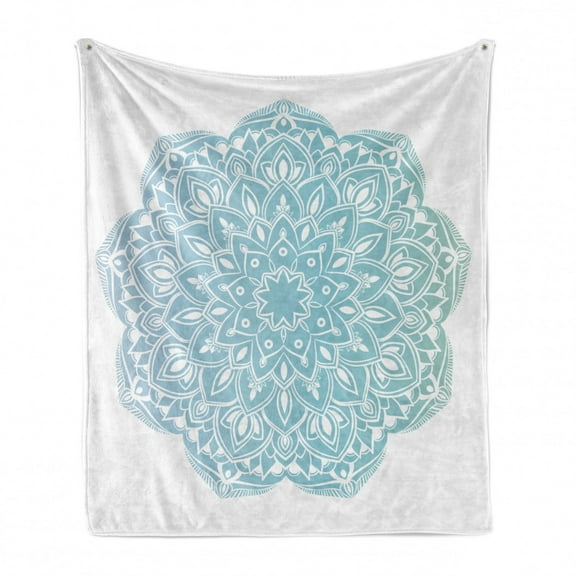Blue Mandala Soft Flannel Fleece Throw Blanket, Hand-drawn Style Oriental Round Motif Ornament, Cozy Plush for Indoor and Outdoor Use, 50" x 60", Pale Blue Aqua, by Ambesonne