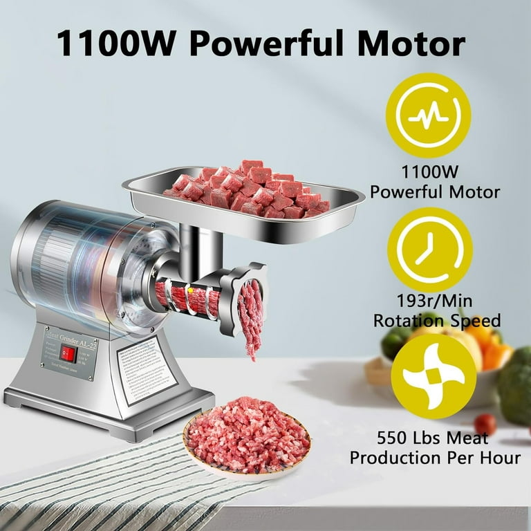 Hi Tek Meat Grinder, 1 Durable Meat Mincer - 1 Horsepower, Grind 260 Pounds of Meat per Hour, Stainless Steel Heavy-Duty Meat Grinder, Sausage Tube St