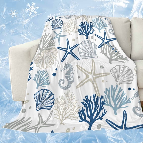 Blue Beige Coastal Cooling Blanket,Lightweight Breathable Summer Throw Blanket with Double Sided Cold Effect,Summer Beach Starfish Coral Nautical Picnic Blankets Bed Sheet for Hot Sleepers 30"x40"