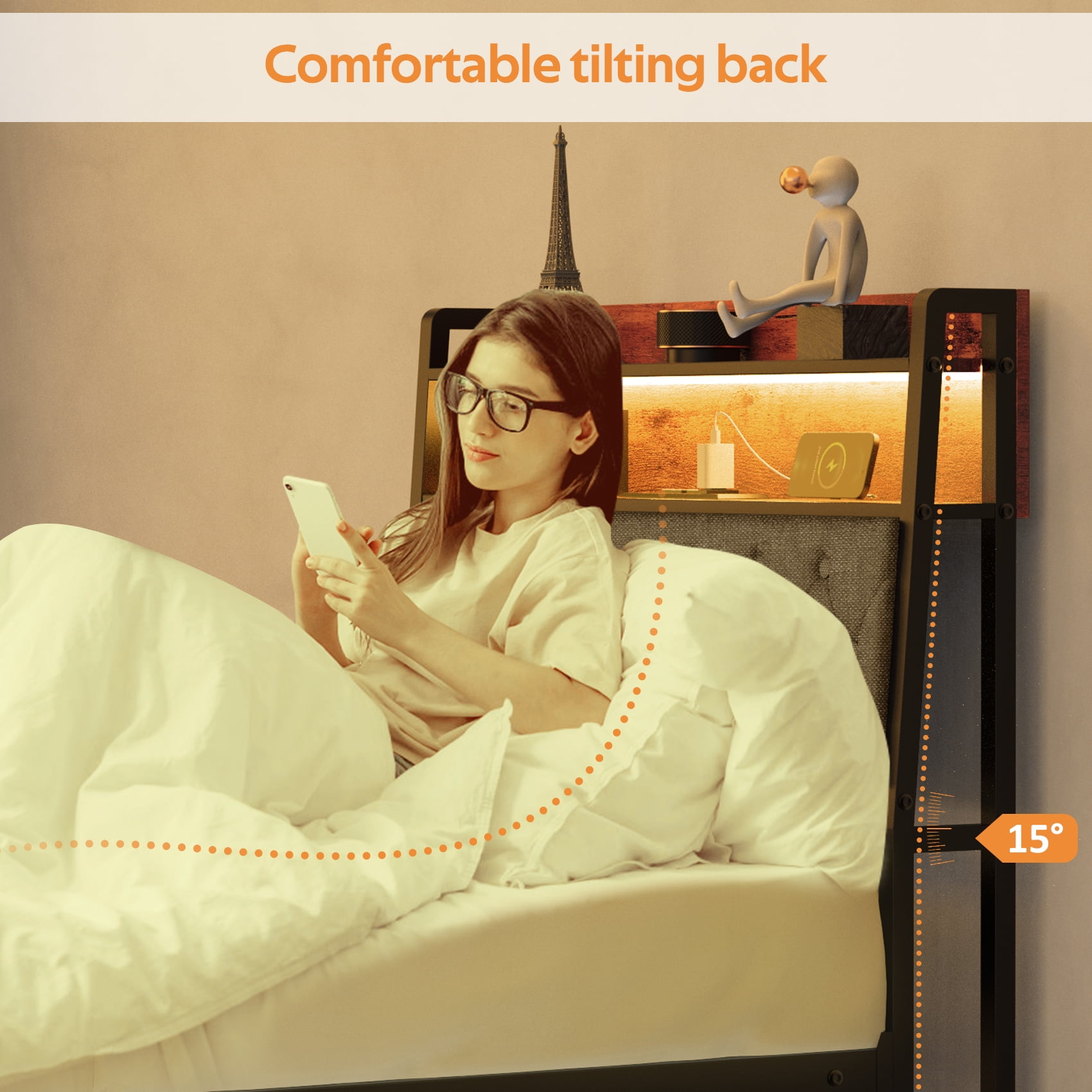 Winkalon Twin Size Upholstered Platform Bed Frame with Charging Station & LED Lights,Light Gray