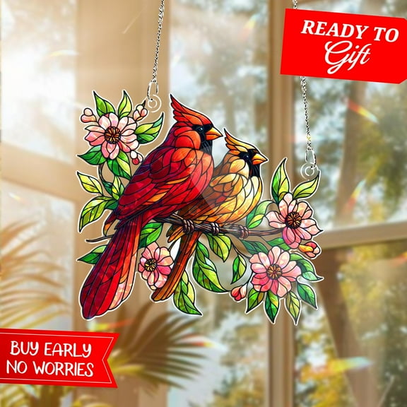 Cardinal Couple Suncatcher | Holographic Acrylic Window Hanging | Floral Bird Decor Gift | Stained Glass Look | Mother's Day Gift